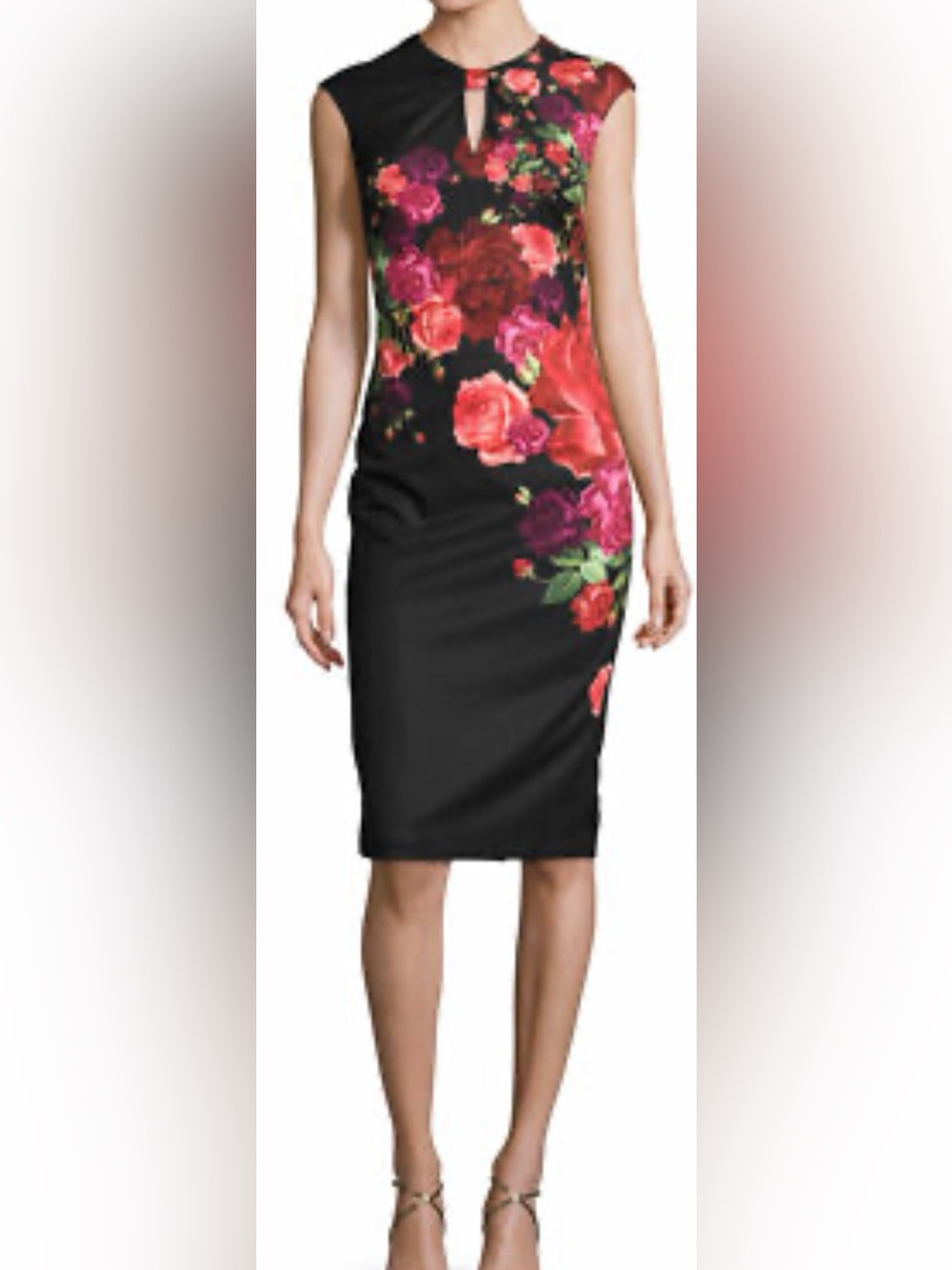 Ted Baker Black Pencil Dress with Red & Pink Floral Print